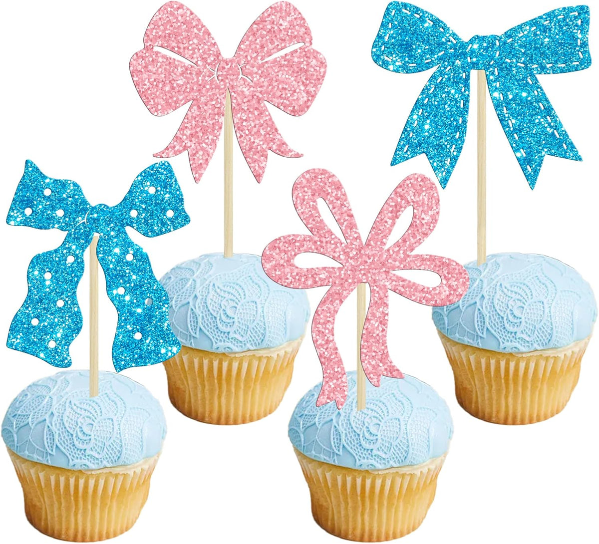 Ephlyn 24Pcs Pink Bow Cupcake Toppers Bow Birthday Cake Topper Girls Birthday Party Decorations