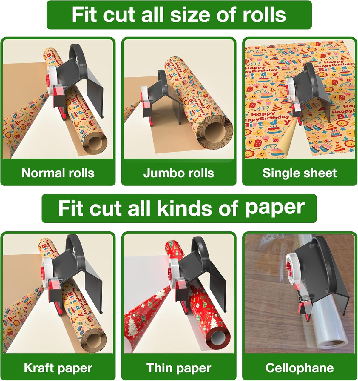 (2-Pack) Wrapping Paper Cutter & Tape Dispenser Dual Use with 4 Tapes，2 Replace Blades Kit for