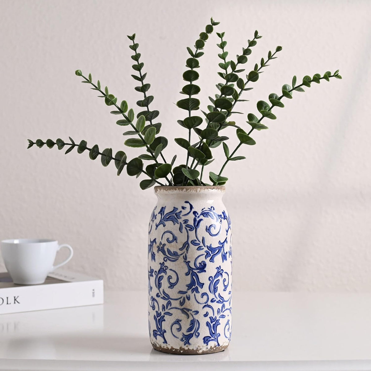 VICTOR & TERESA Rustic Blue and White Vase for Home Decor, Ceramic Vases for Flowers, Modern