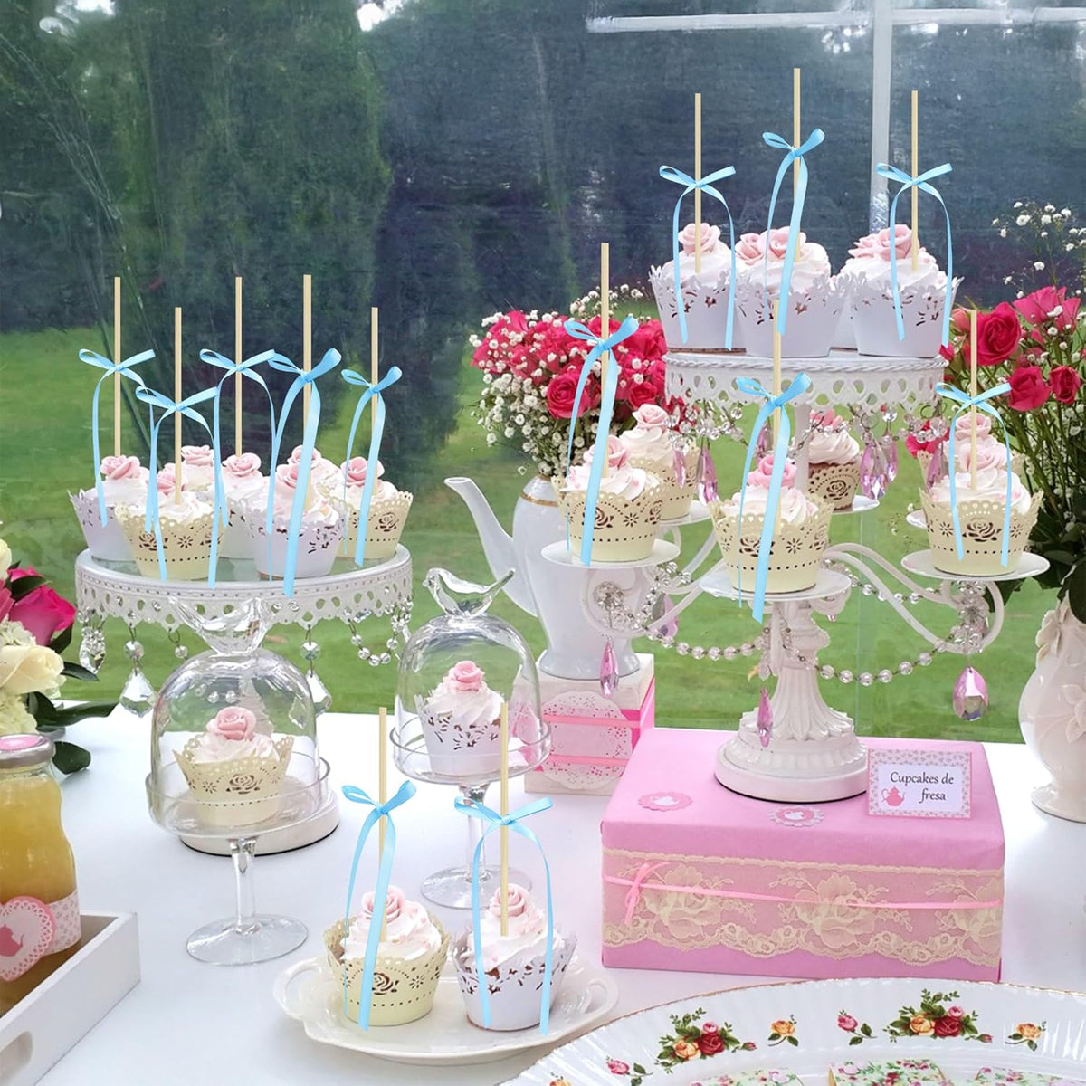 Ephlyn 30Pcs Bow Cupcake Toppers Valentine's Bowknot Ribbons Coquette Bow High Footed Cup Balloon