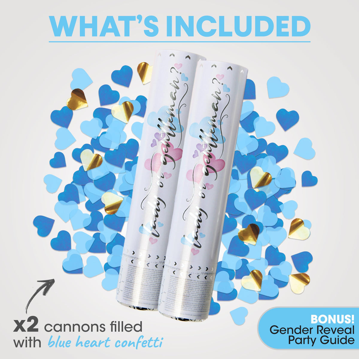 PrimePure Gender Reveal Confetti Cannon, Heart Shaped, Blue Paper, 2 Pack