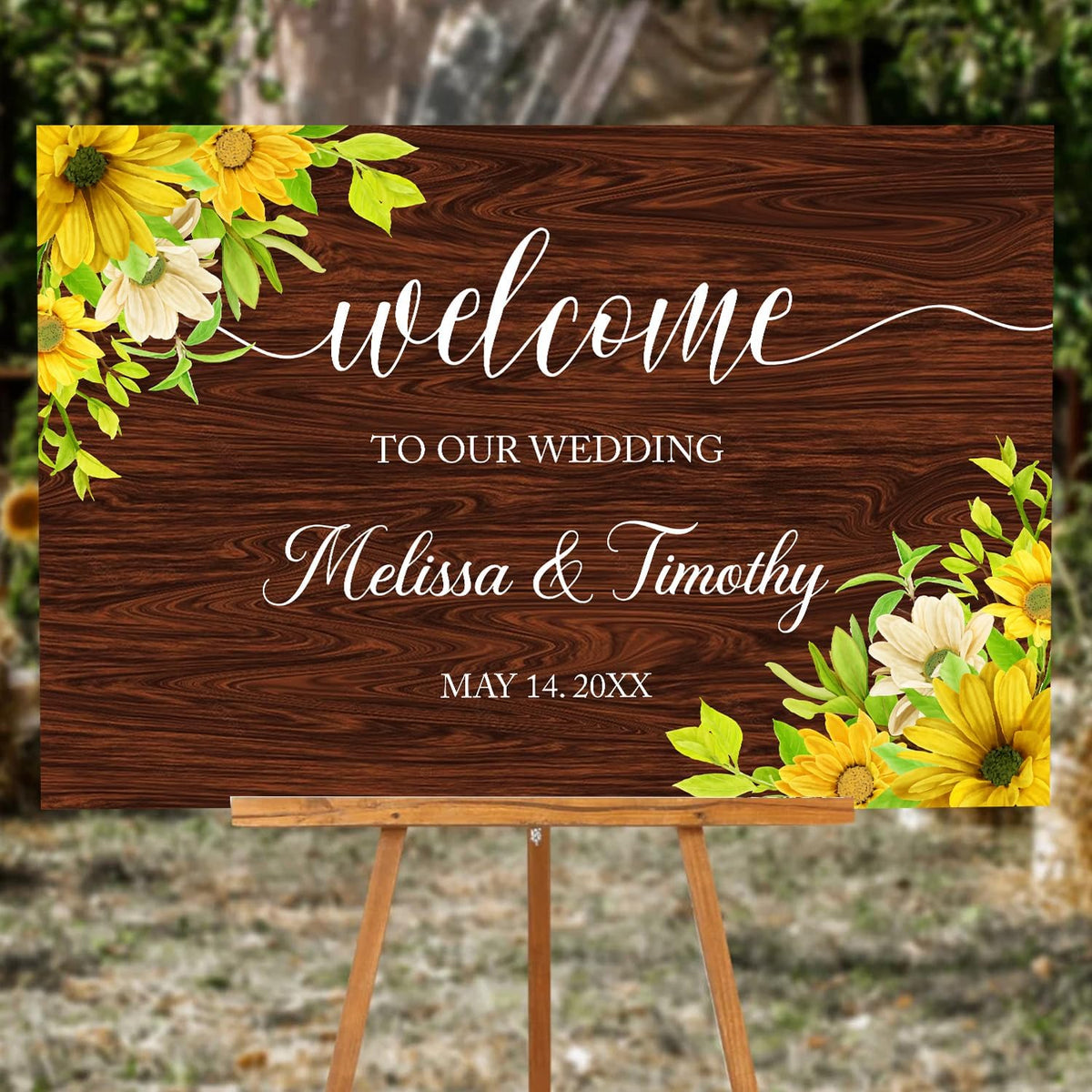 Rustic Sunflower Wedding Welcome Sign Template, Printable Wood-Inspired Welcome Sign with