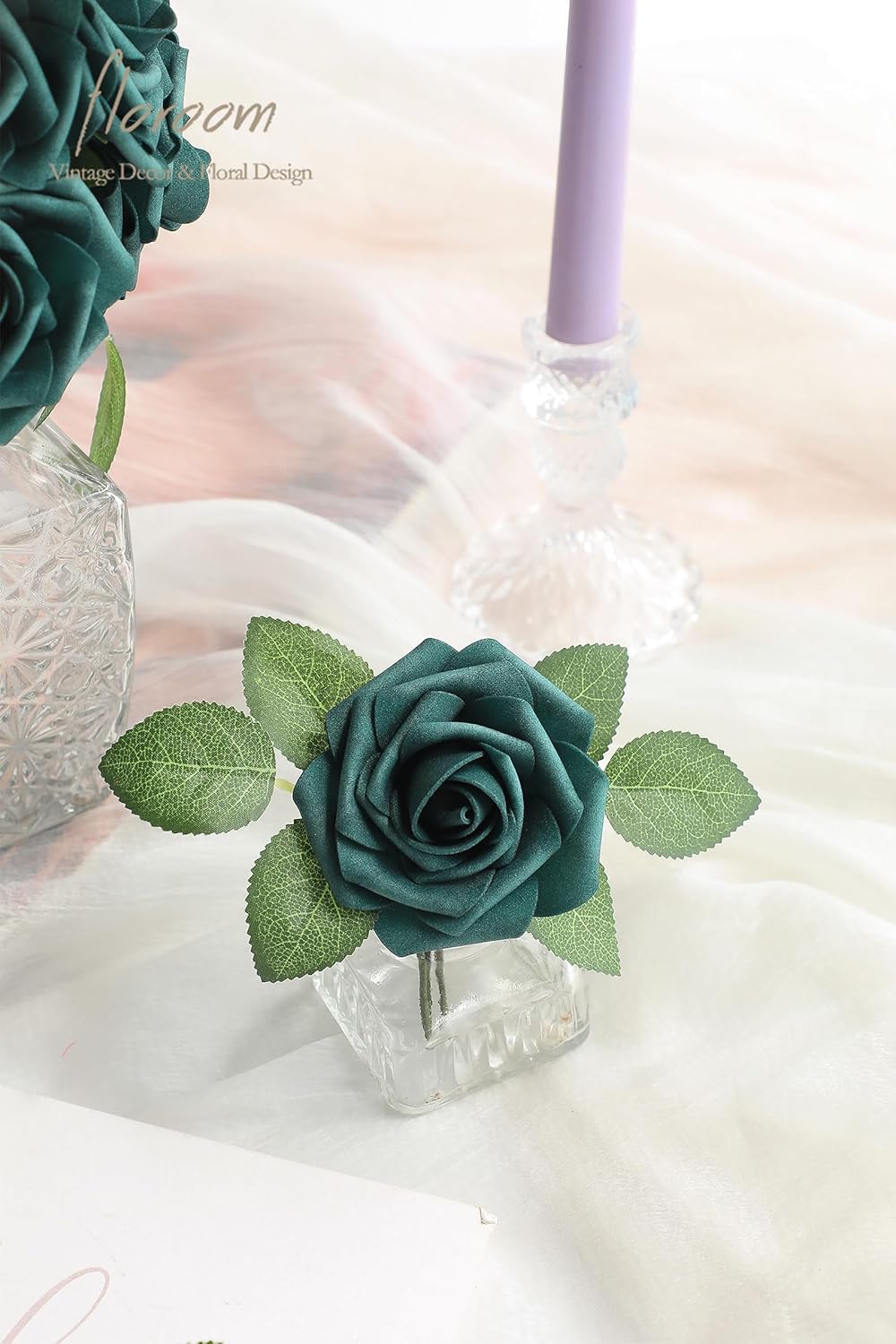Floroom Artificial Flowers 25pcs Real Looking Peacock Green Foam Fake Roses with Stems for DIY