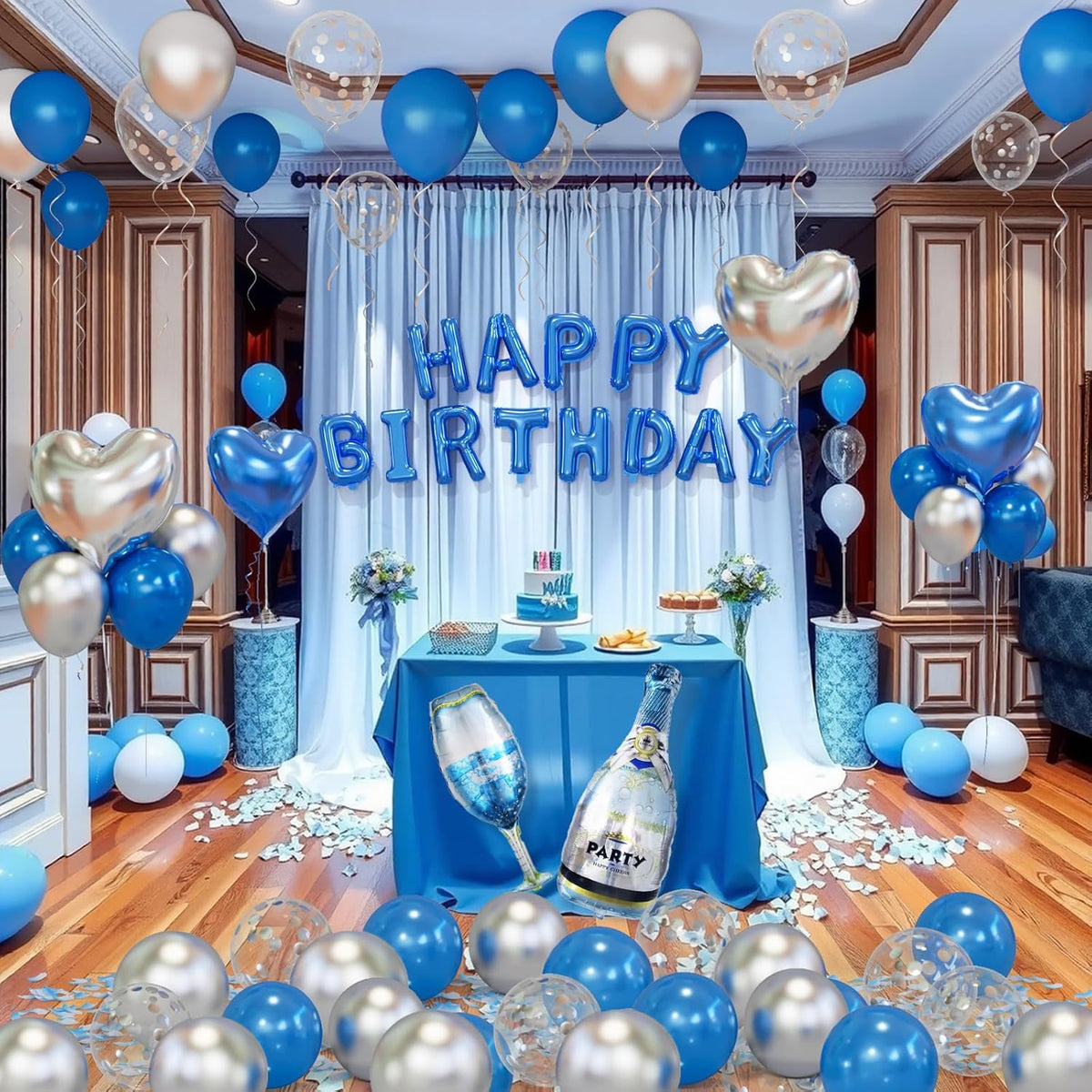 Blue Happy Birthday Decorations for Men Blue and Silver Biirthday Balloon Letters Banner with