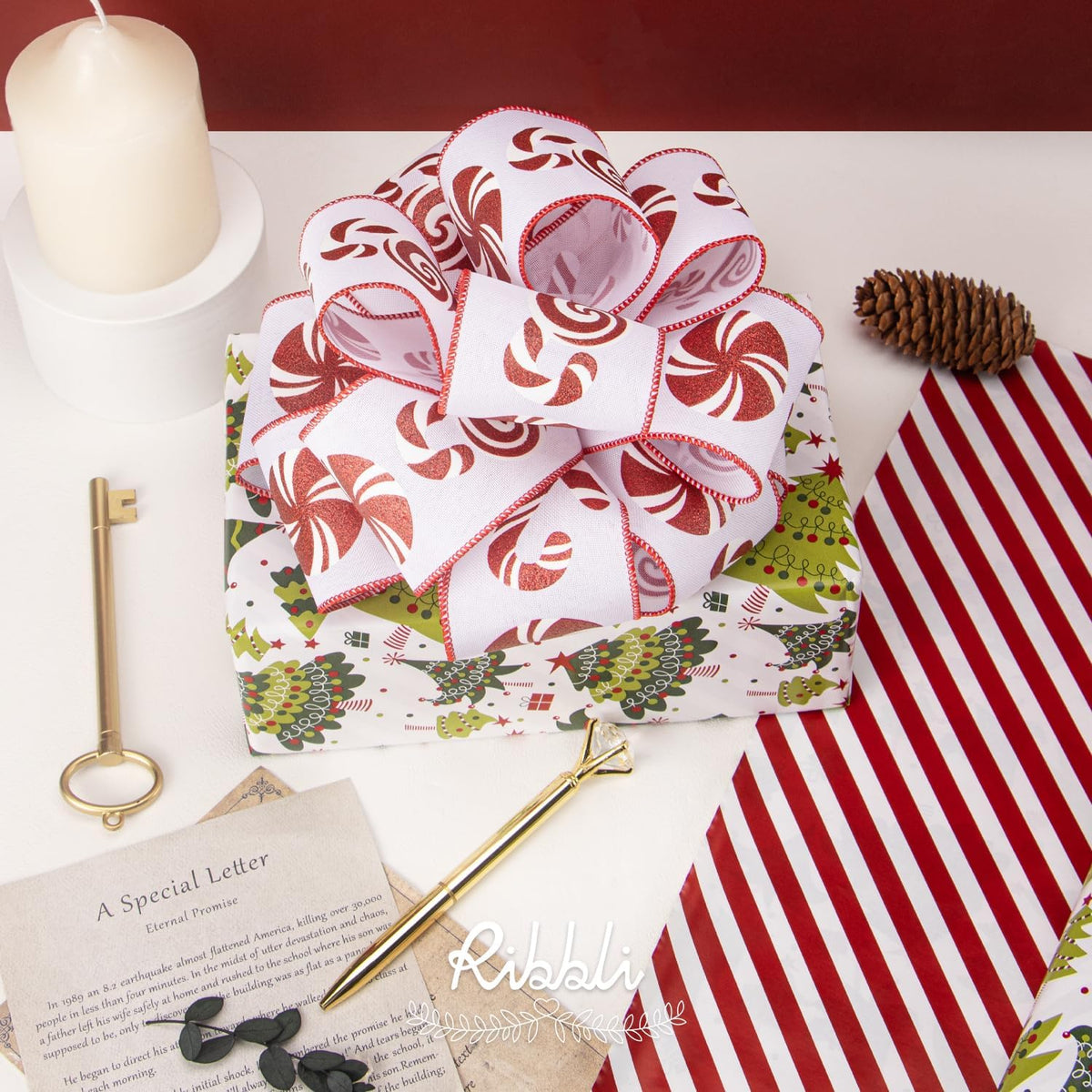Ribbli Christmas Wrapping Paper Reversible Christmas Tree and Red White Stripe Gift Wrapping
