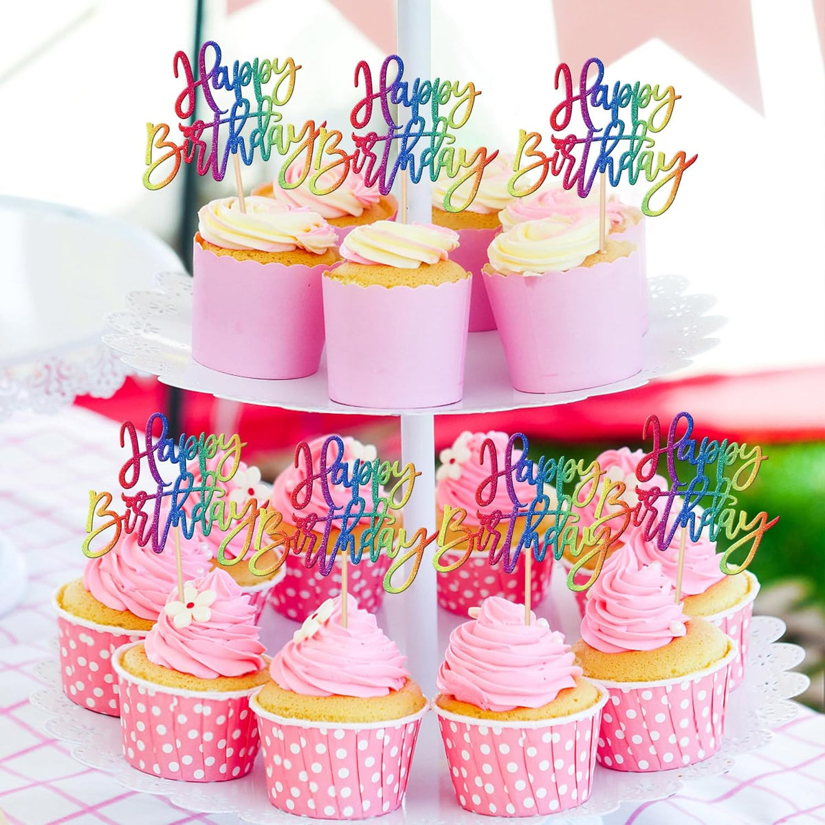 24 PCS Glitter Cupcake Toppers - Happy Birthday & Anniversary Picks for Celebrating Parties