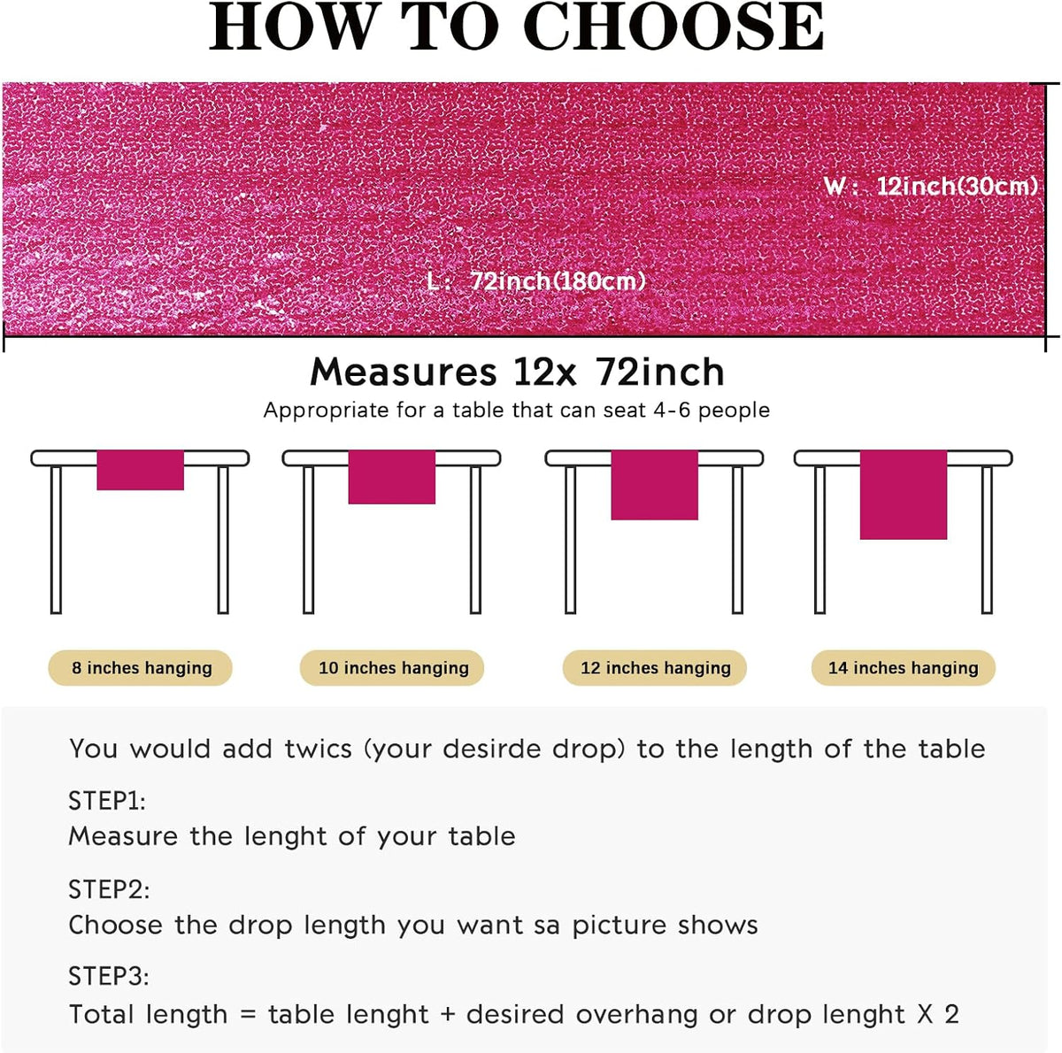 2 Packs 12 x 72 inches Sequin Table Runner, Hot Pink Glitter Table Runner for Birthday Party