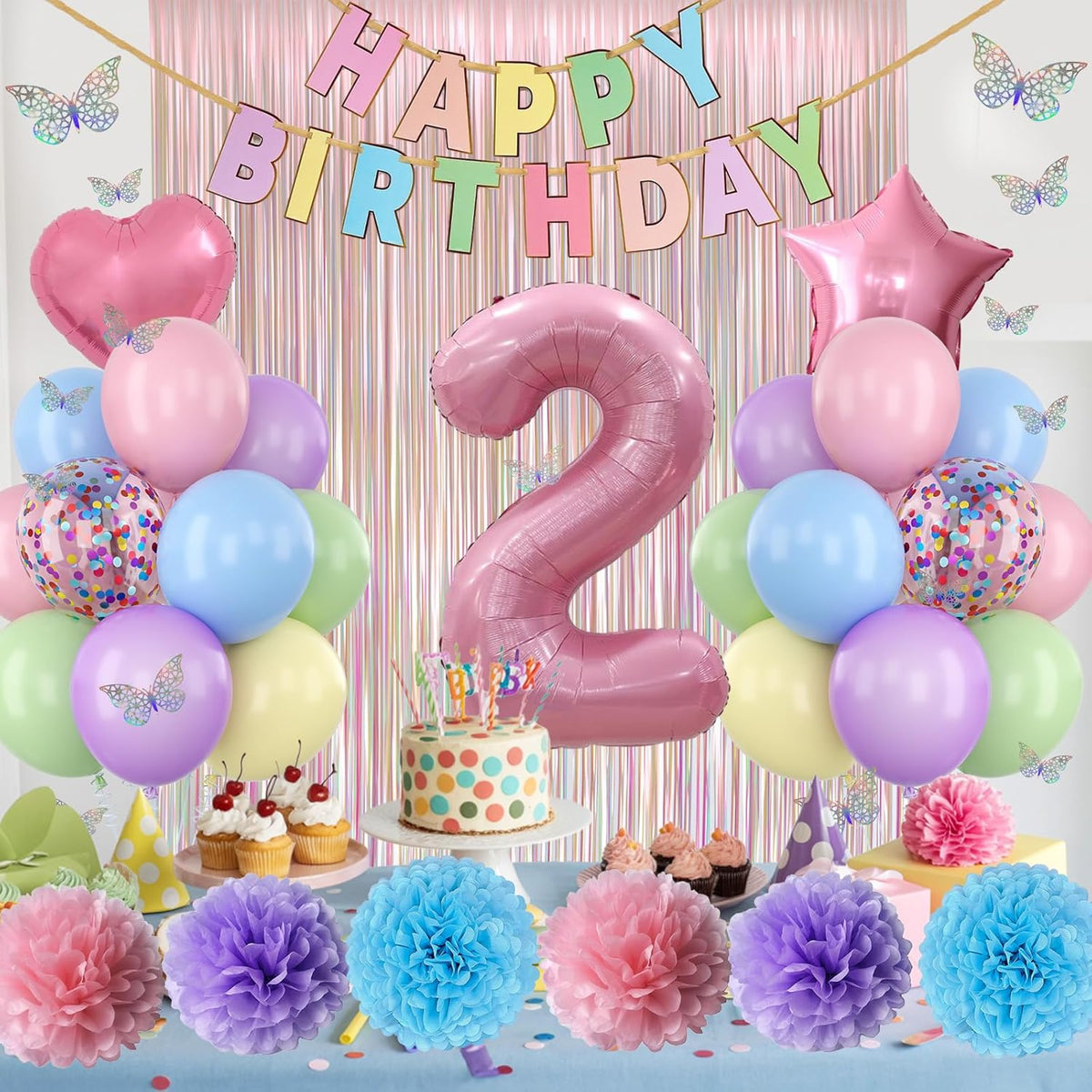 Pastel 2nd Birthday Party Decorations for Girls Number 2 Balloon Happy Birthday Banner Butterfly