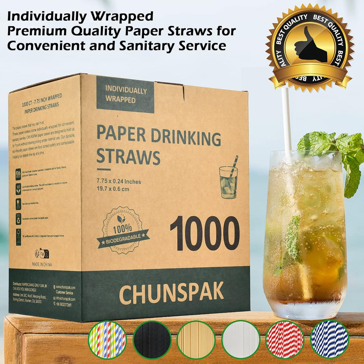 Disposable Paper Drinking Straws Bulk, Individually Wrapped - 7.75 Inch, Assorted Colors (Case of