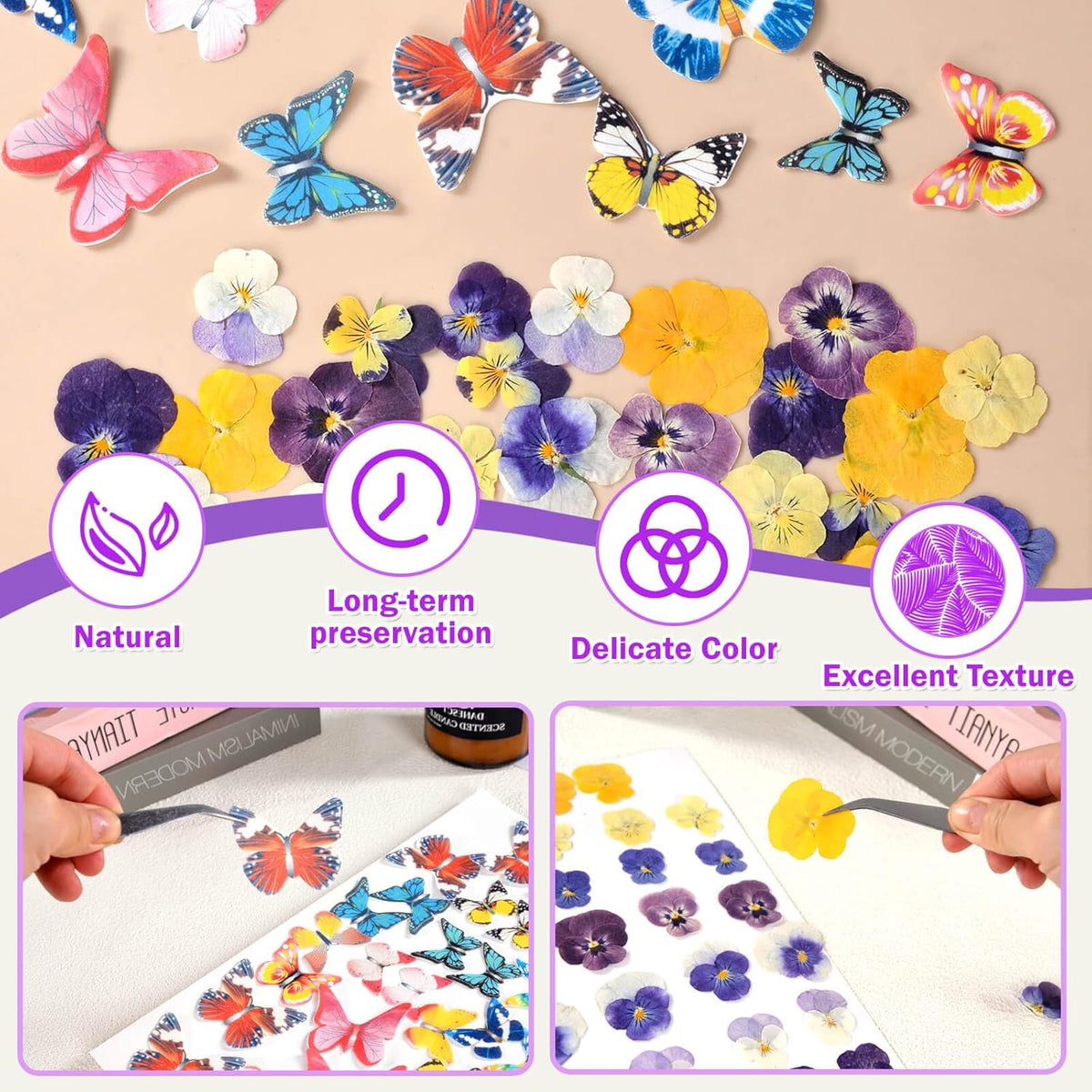 80 Pcs 8 Kinds Natural Real Dried Pressed Edible Flowers & Edible Butterflies for Cake Topper