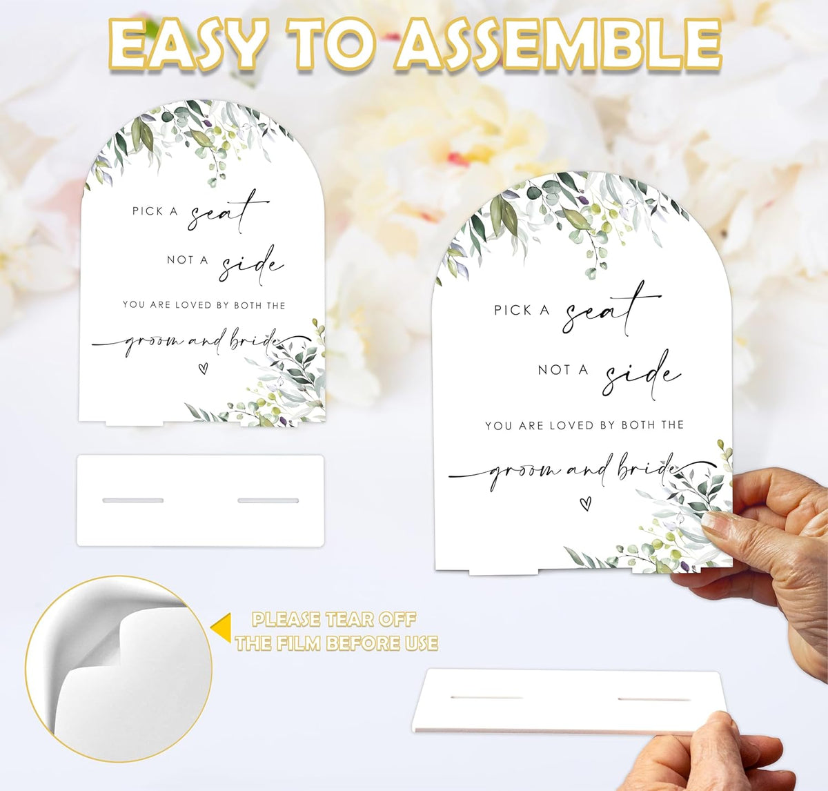 Greenery Pick a Seat Not a Side Sign, 6 x 8 Inch White Arch Acrylic Wedding Sign with Holder