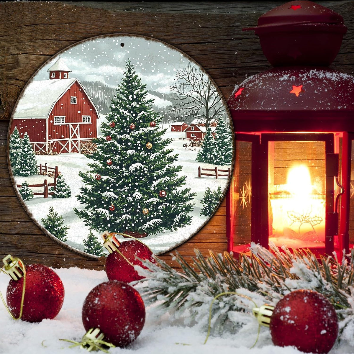 Round Christmas Trees Barn Metal Tin Sign Christmas Vintage Tin Sign for Kitchen Cafe Bar Farmhouse