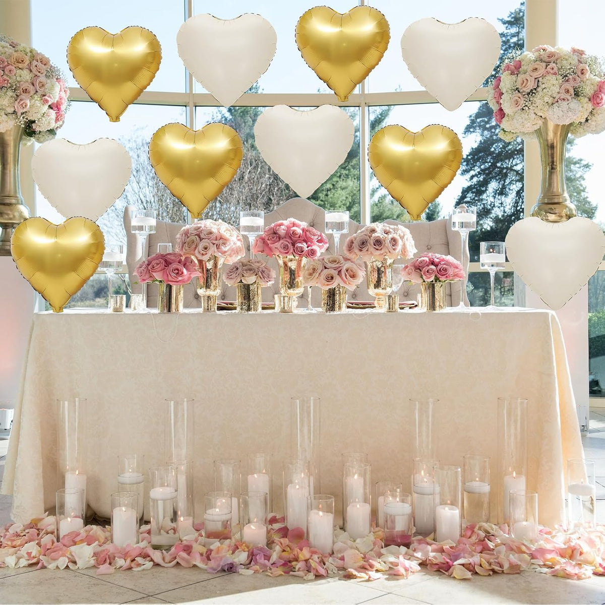 Sand White Gold Heart Balloons,12Pcs 18Inch Cream White Metallic Gold Heart Shaped Foil Helium Foil