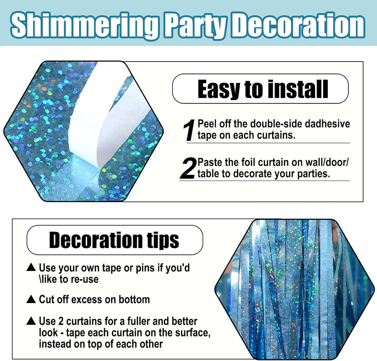 3 Pack Light Blue Foil Fringe Curtain Backdrop, 3.28Ft x 8.2Ft Metallic Tinsel Foil Fringe Streamer