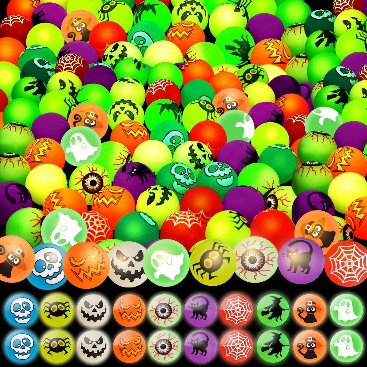 200 Pcs Halloween Party Favors, Glow in The Dark Bouncy Balls 10 Halloween- Themed Designs