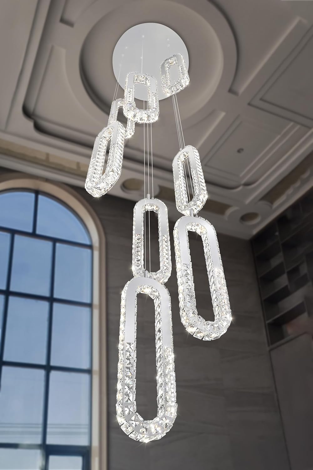 8 Rings Crystal Chandelier,H 118" Modern Silver Pendant Light Luxury Foyer Lighting Fixture High