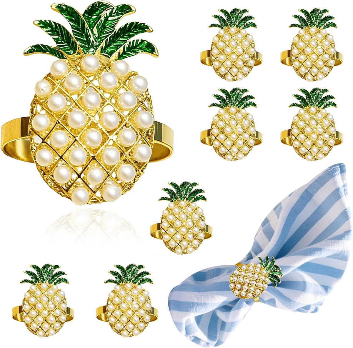 Napkin Rings Set of 8 Pearl Pineapple Napkin Rings for Napkins,Gold Napkin Holders for Cloth
