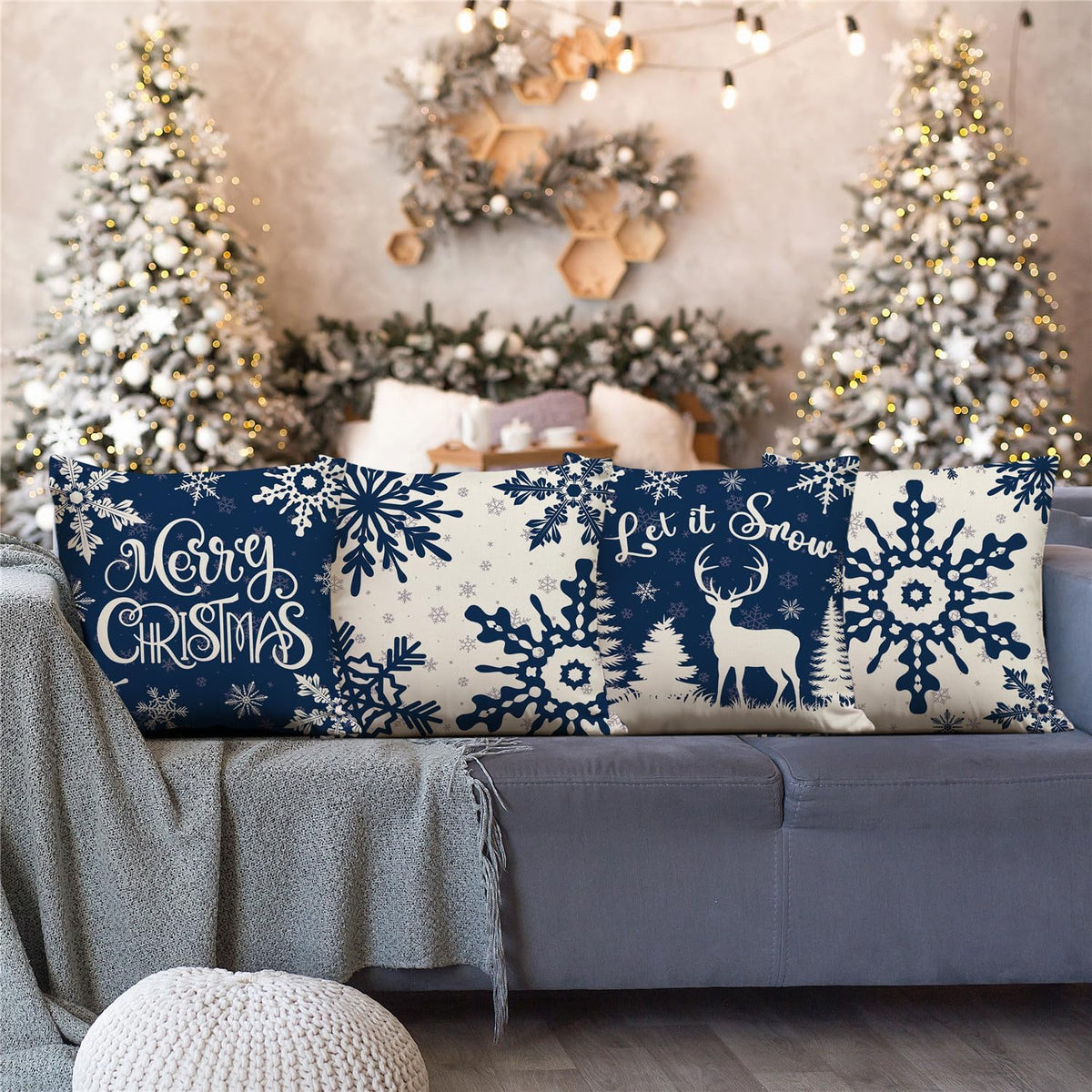 Christmas Pillow Covers 18x18 Blue Christmas Decorations Snowflake Reindeer Throw Pillow Covers