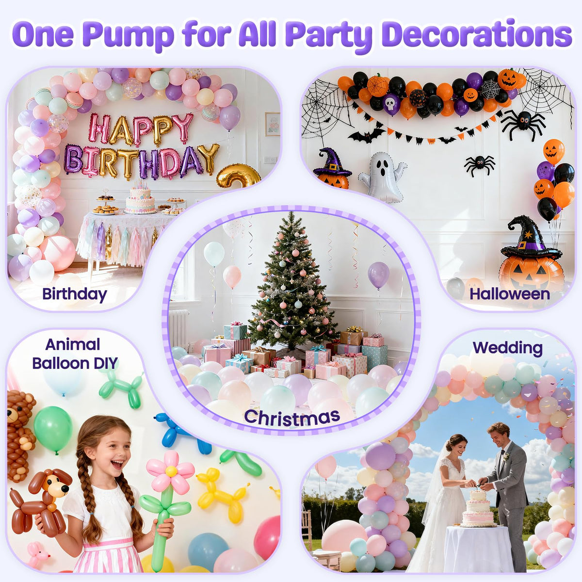 Electric Balloon Pump, 4-in-1 Triple Nozzles for All Balloons - Purple