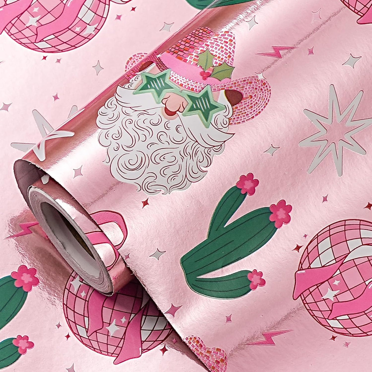 LeZakaa Pink Christmas Wrapping Paper Roll for Girls Women, Santa Disco Ball Cactus Design, Rose