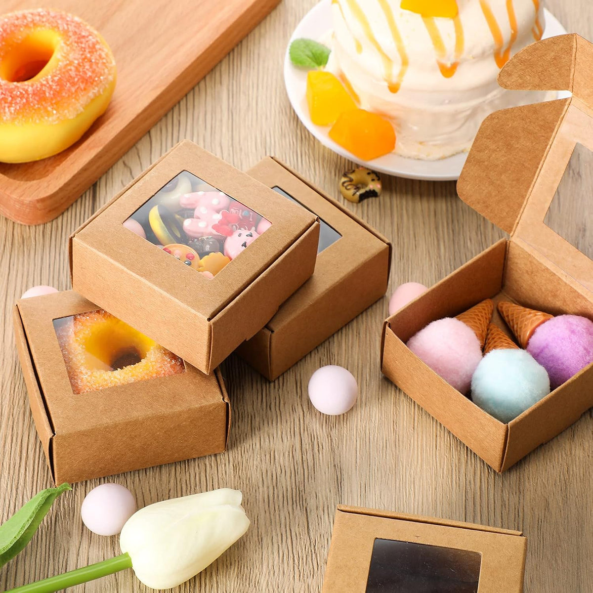 Zonon 30 Pcs Soap Boxes for Homemade Packaging, Mini Kraft Treat Boxes with Window for Bakery Candy