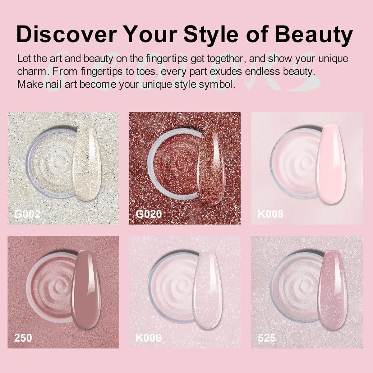 12 Pcs Dip Powder Nail Kit Starter, 6 Colors Glitter Pink Nude Sparkle Purple Dipping Powder Kit