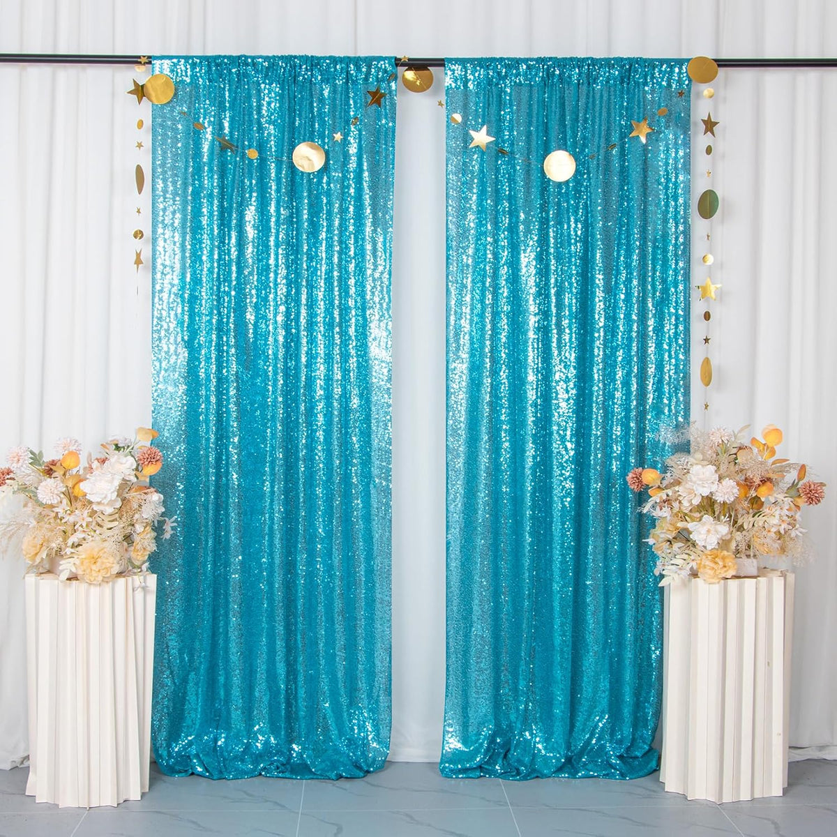 ShinyBeauty Sequin Curtains 4 Panels - Aqua Blue Shimmer Backdrop for Mermaid Parties & Baby