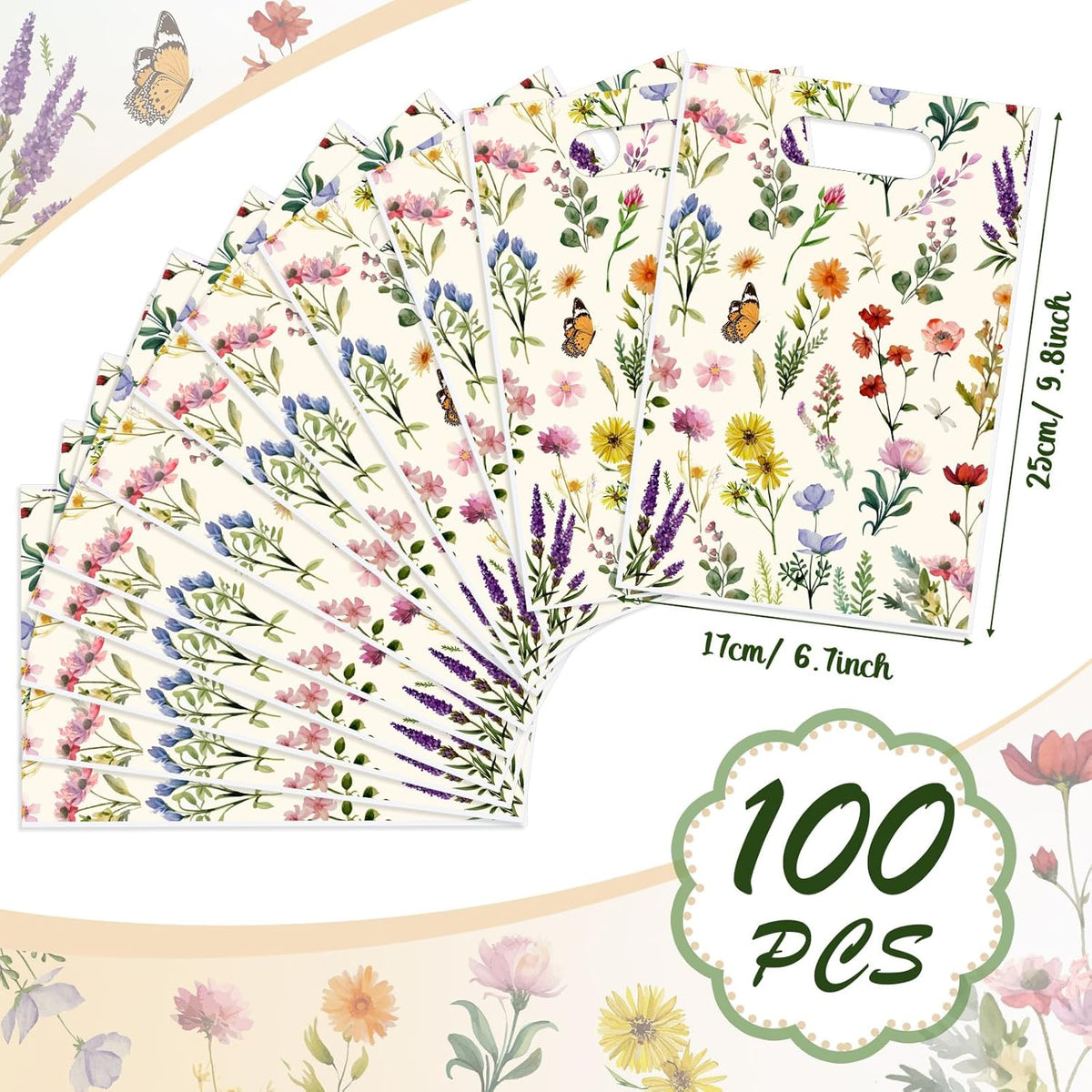 100 Pcs Wildfloral Gift Bags Vintage Wildflower Party Favor Bag with Handle Wildfloral Plastic