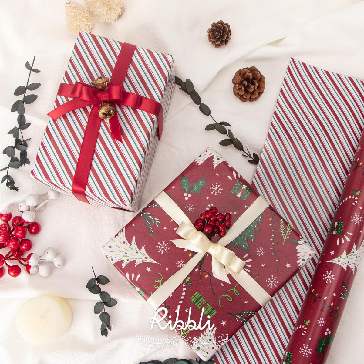Ribbli Christmas Wrapping Paper Reversible Christmas Tree and Red Green Stripe Gift Wrapping