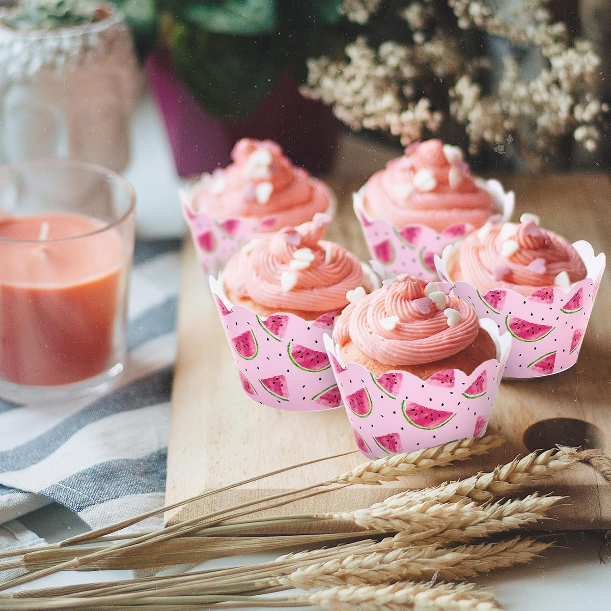 Whaline 36Pcs Watermelon Cupcake Wrappers Watercolor Pink Watermelon Cupcake Liners Decorative