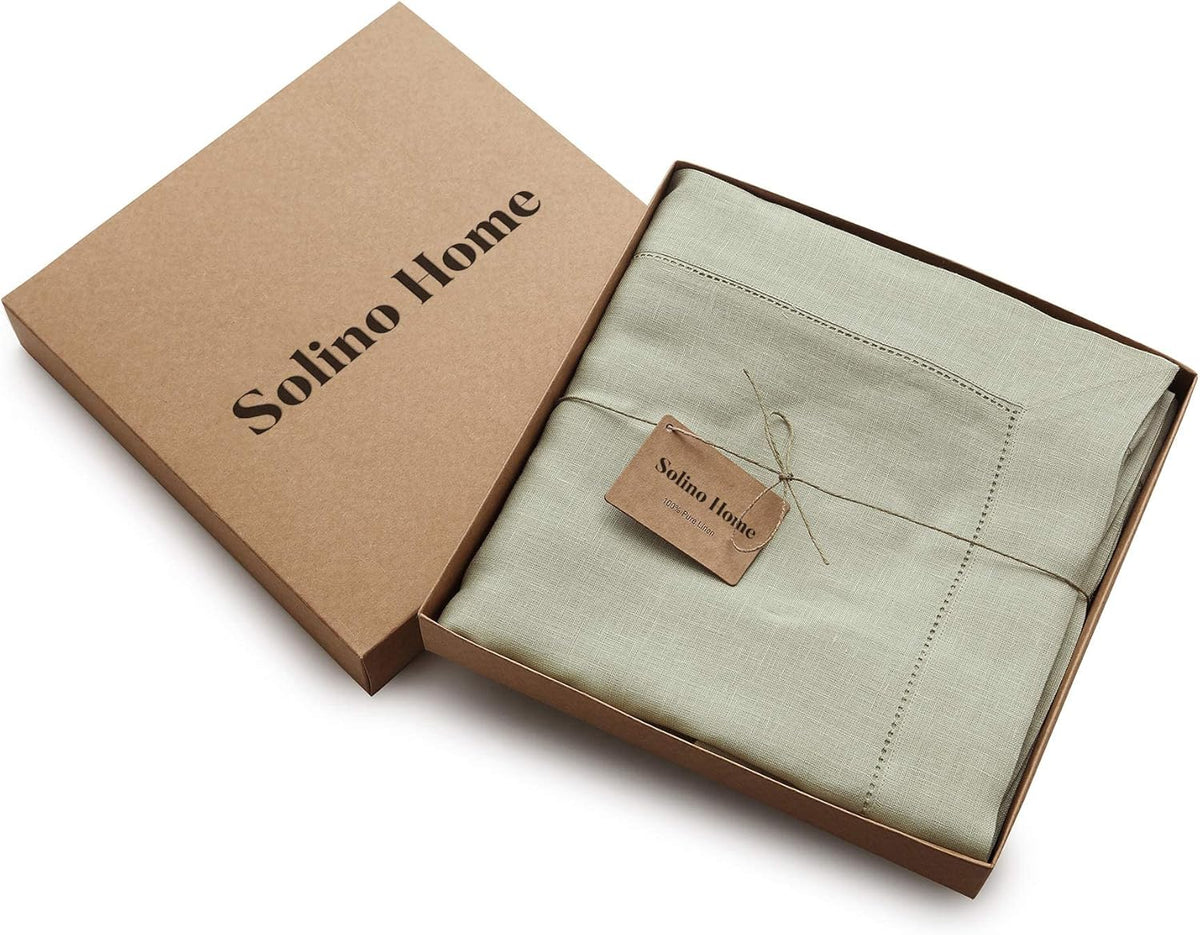 Solino Home Linen Sage Green Tablecloth 60 x 132 Inch - Classic Hemstitch, 100% Pure Linen