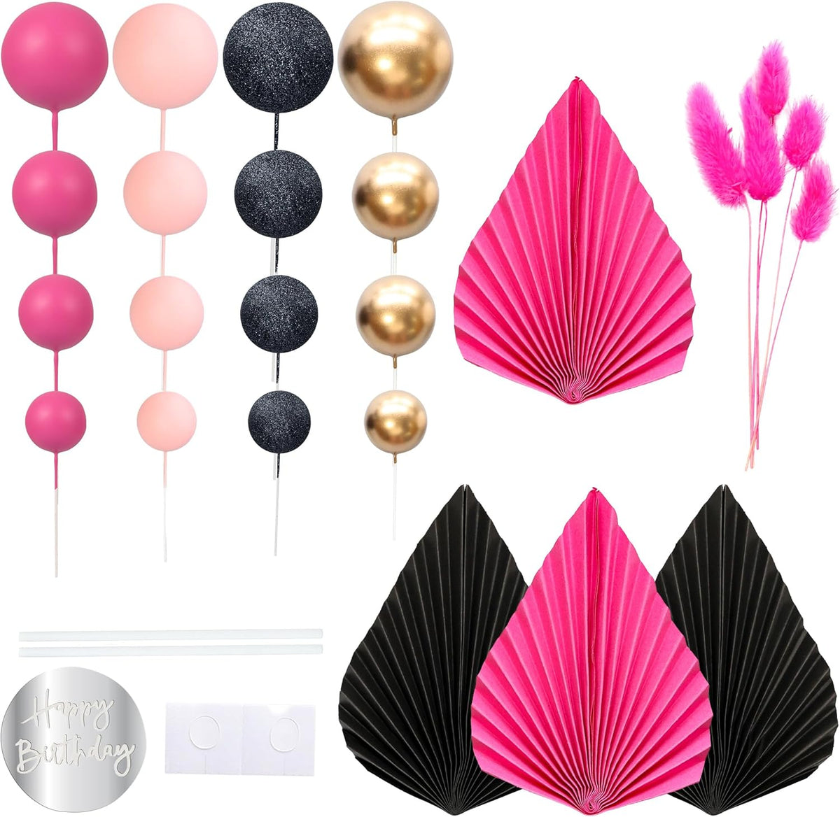 Ephlyn 33 Pack Balls Cake Toppers Boho Palm Leaves Cake Decorations Round Acrylic Happy Birthday