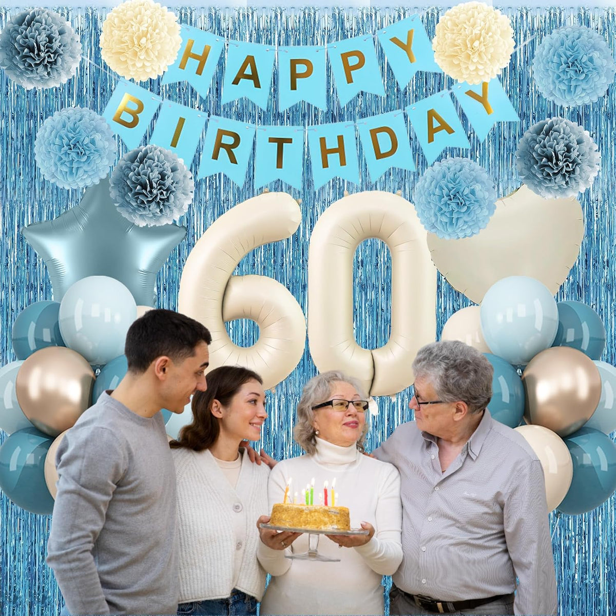 Dusty Blue 60th Birthday Party Decorations for Women Men Beige Cream Number 60 Balloon with Blue