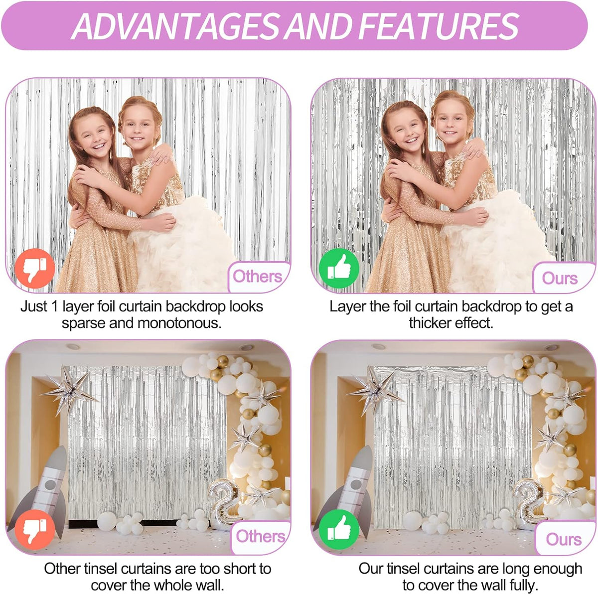 Crosize 4 Pack 3.3 x 9.9 ft Silver Foil Fringe Curtains Party Decorations, Silver Tinsel Curtain