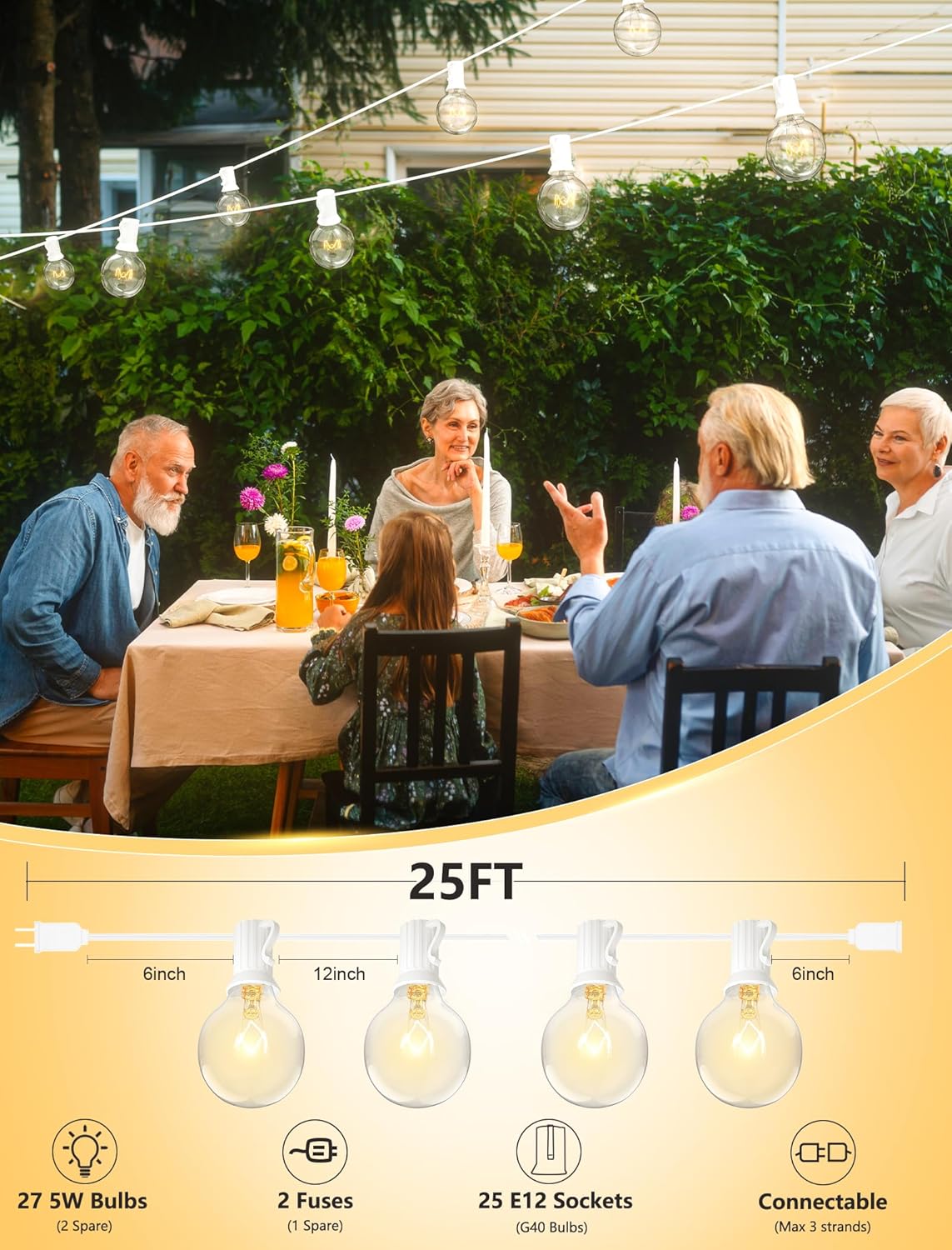 SUNSGNE 25FT Globe String Lights, G40 Outdoor String Lights with 27 Clear Edison Bulbs(2 Spare) for
