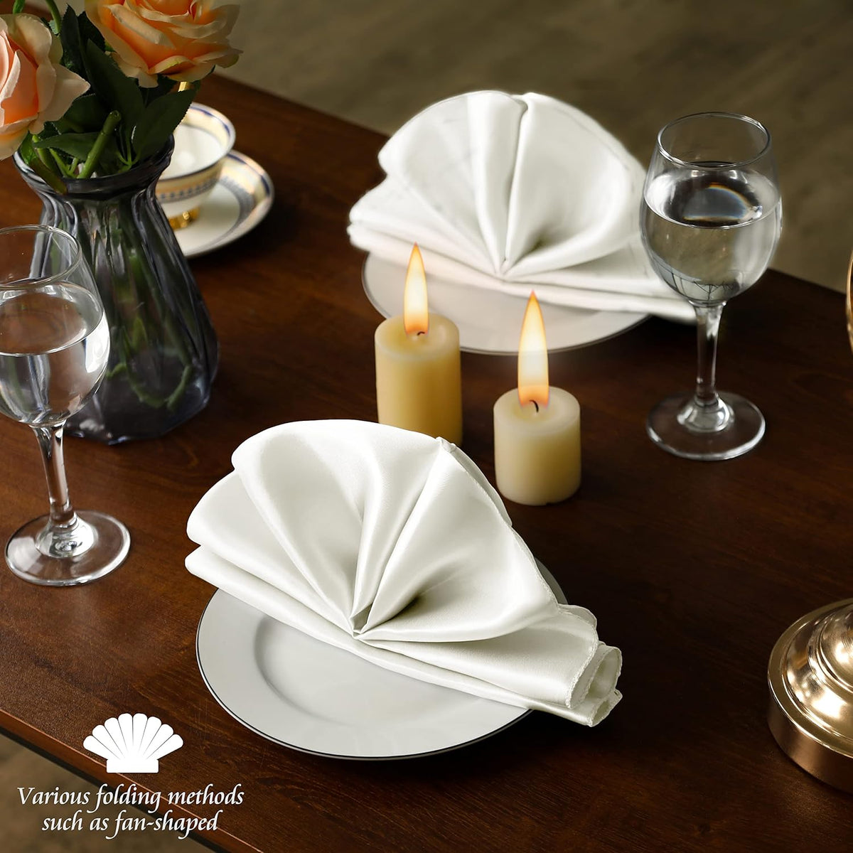 Manyshofu 50 Pieces Ivory White Satin Napkins - 12x12 Inches Cloth Napkins, Square Satin Fabric