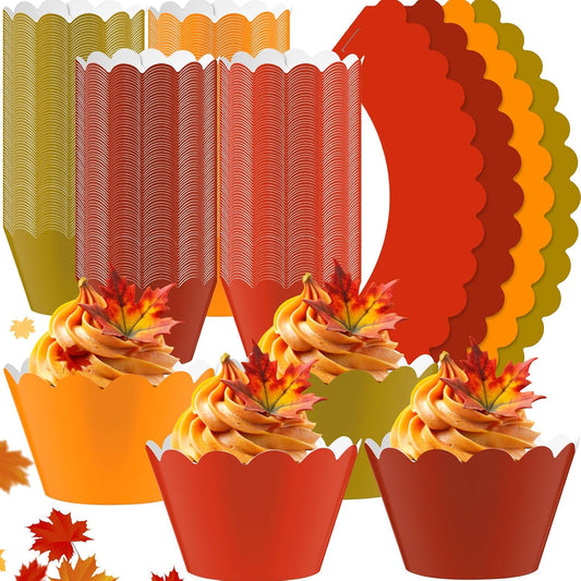 Domensi 100 Pcs Fall Cupcake Wrappers Rustic Cupcake Liners Thanksgiving Baking Cups Baking Liners