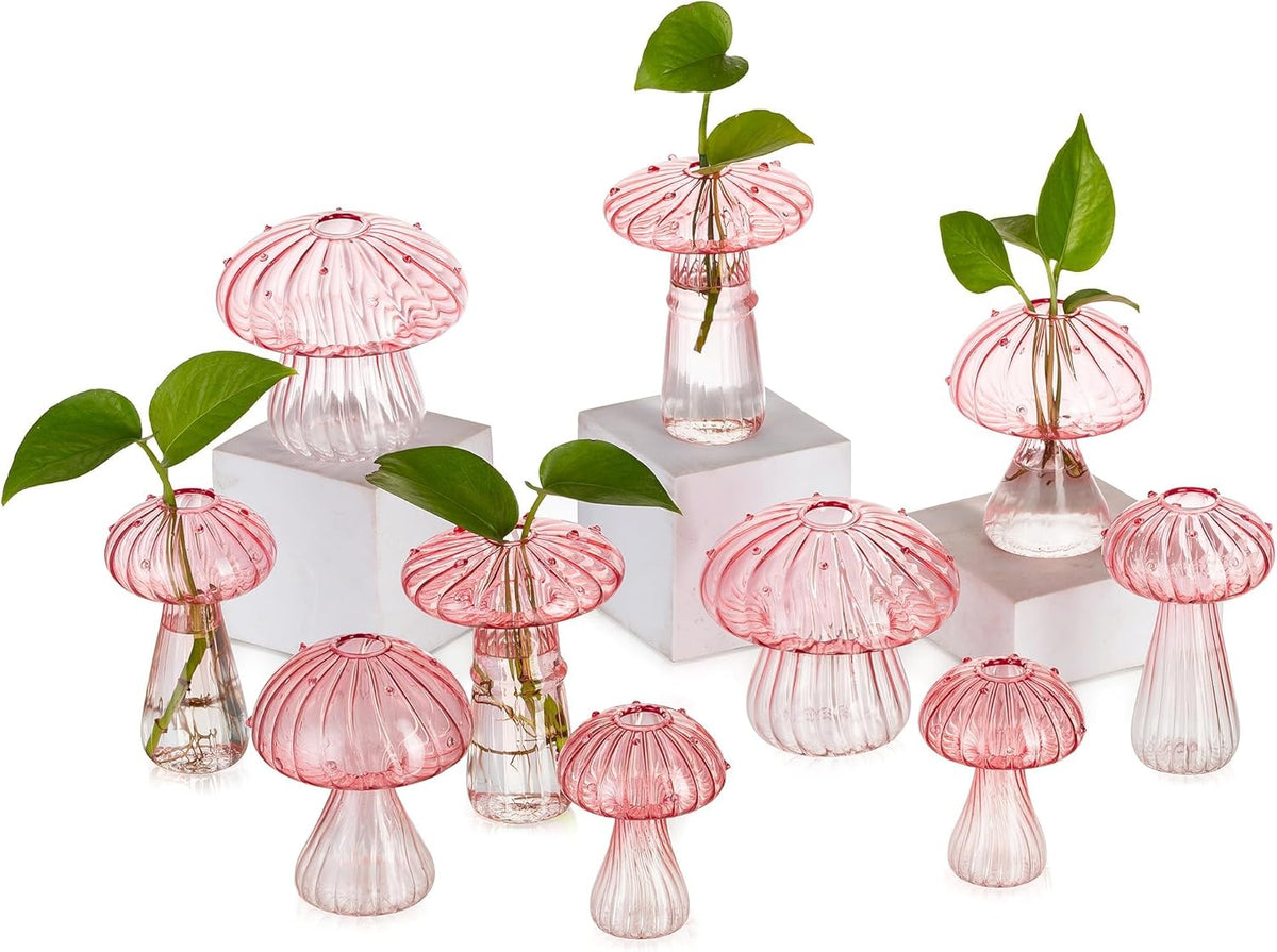 Glasseam Mushroom Plant Propagation Stations: Pink Glass Terrarium Jar Set of 10 Cute Planters for