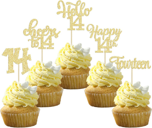 30Pcs 14th Birthday Cupcake Toppers Hello 14 Cupcake Picks Fourteen Cheers to 14 Years Old Cake