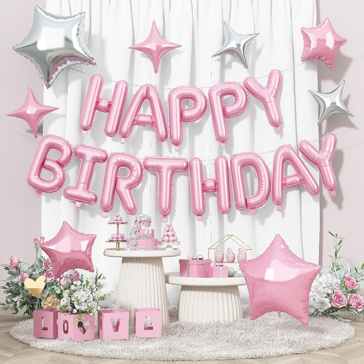 Happy Birthday Balloon Banner, 16 Inch Light Pink Mylar Foil Letter Balloons, Reusable Birthday