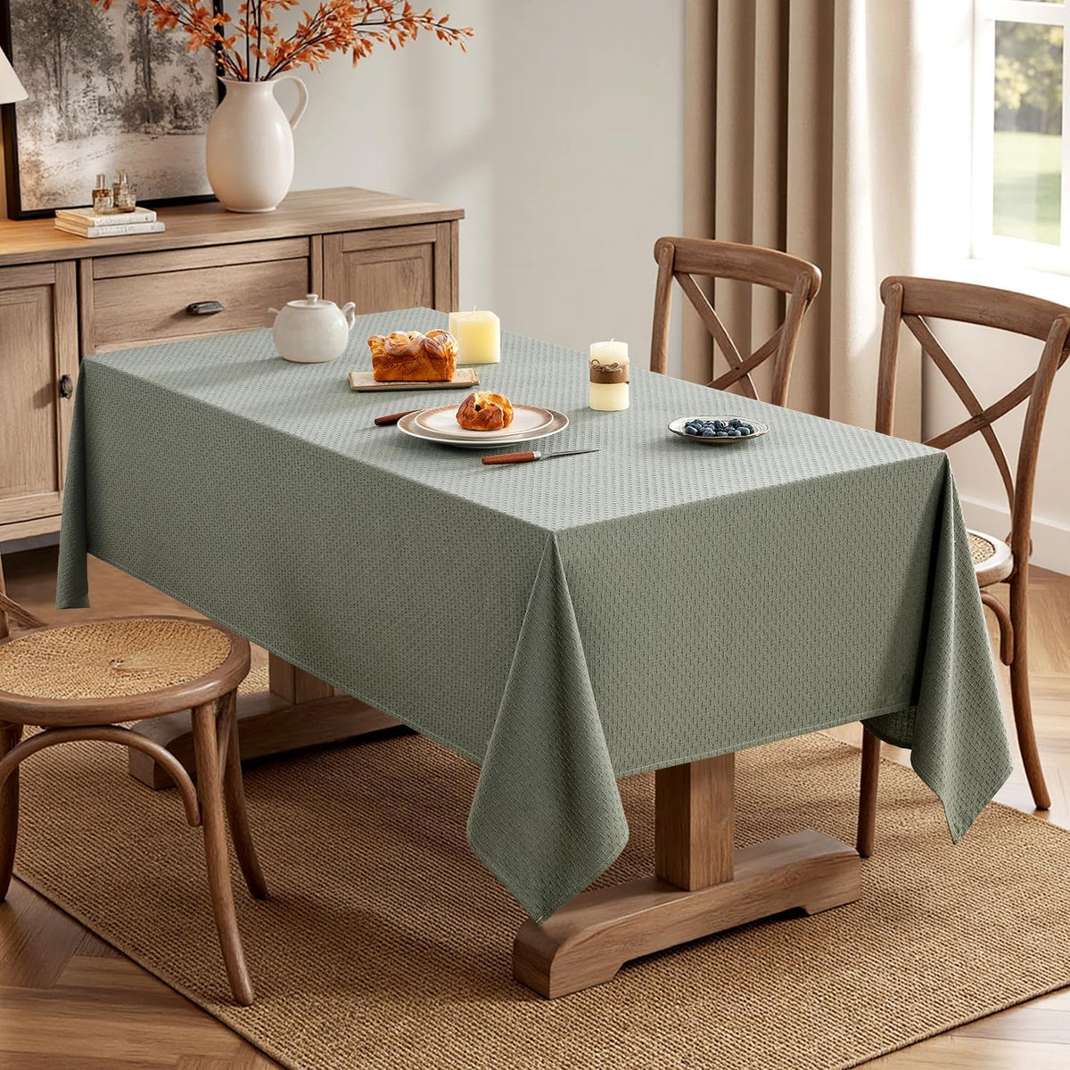 MIULEE Olive Green Linen Cottton Table Cloth Rectangle Tablecloth Waterproof Spillproof Cross-Star