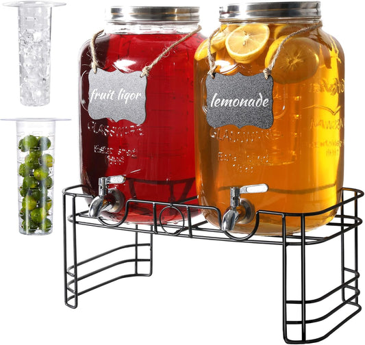 2 Gallon Drink Dispensers for Parties, 2 Pack Beverage Dispensers with Stand, Glass Water Jug