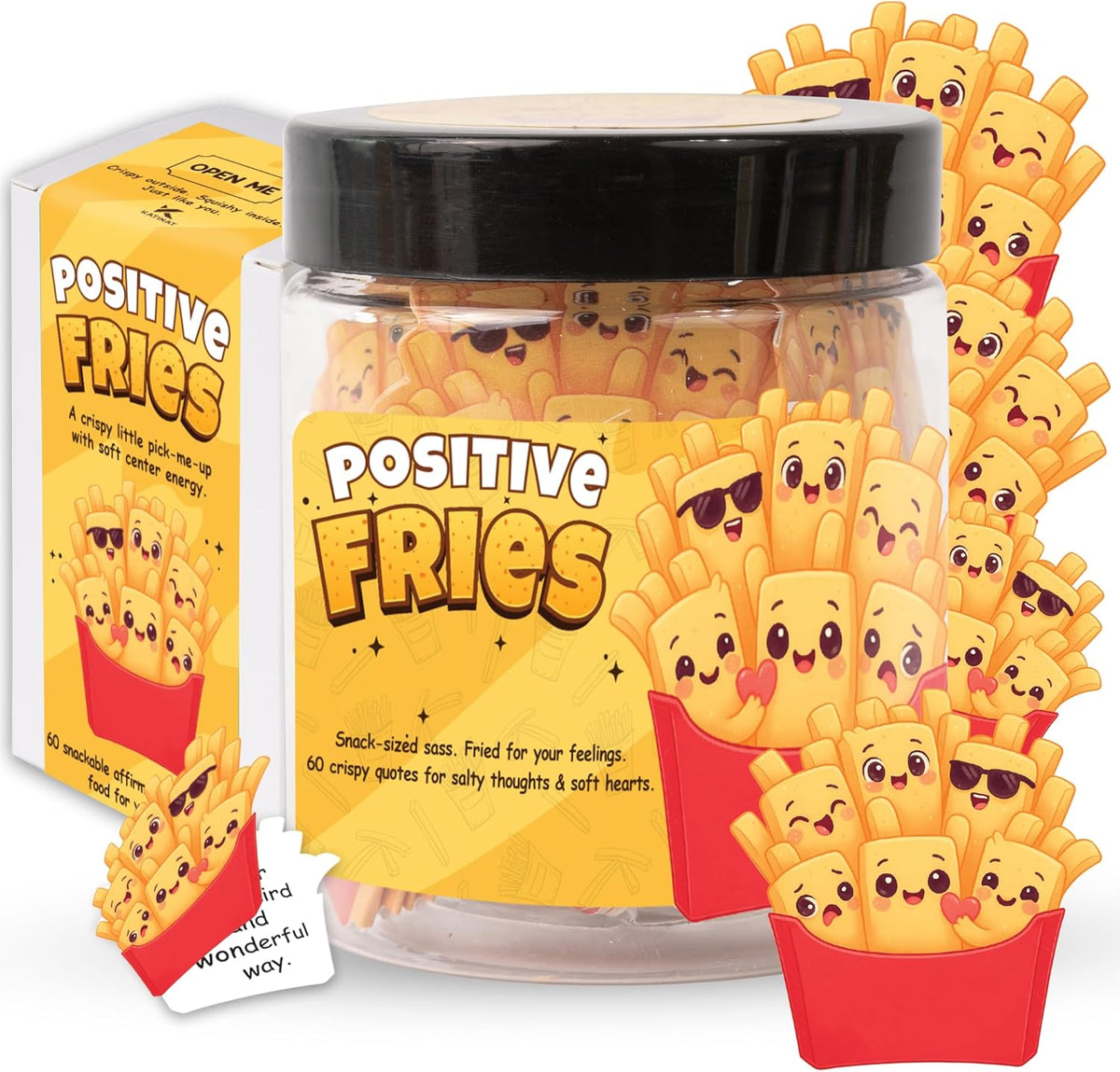 Positive Fries Jar – 60 Funny Affirmation Cards, Emotional Support Fries for Friends, Teens