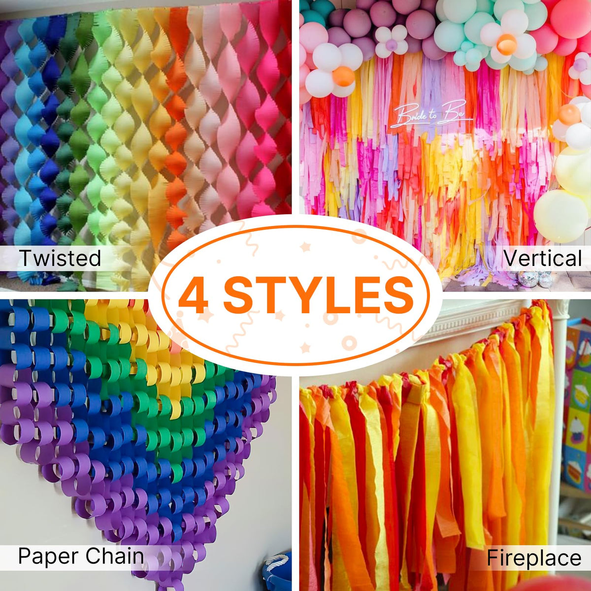 PartyWoo Rainbow Crepe Paper Streamers 8pcs 656 FT Rainbow Streamers