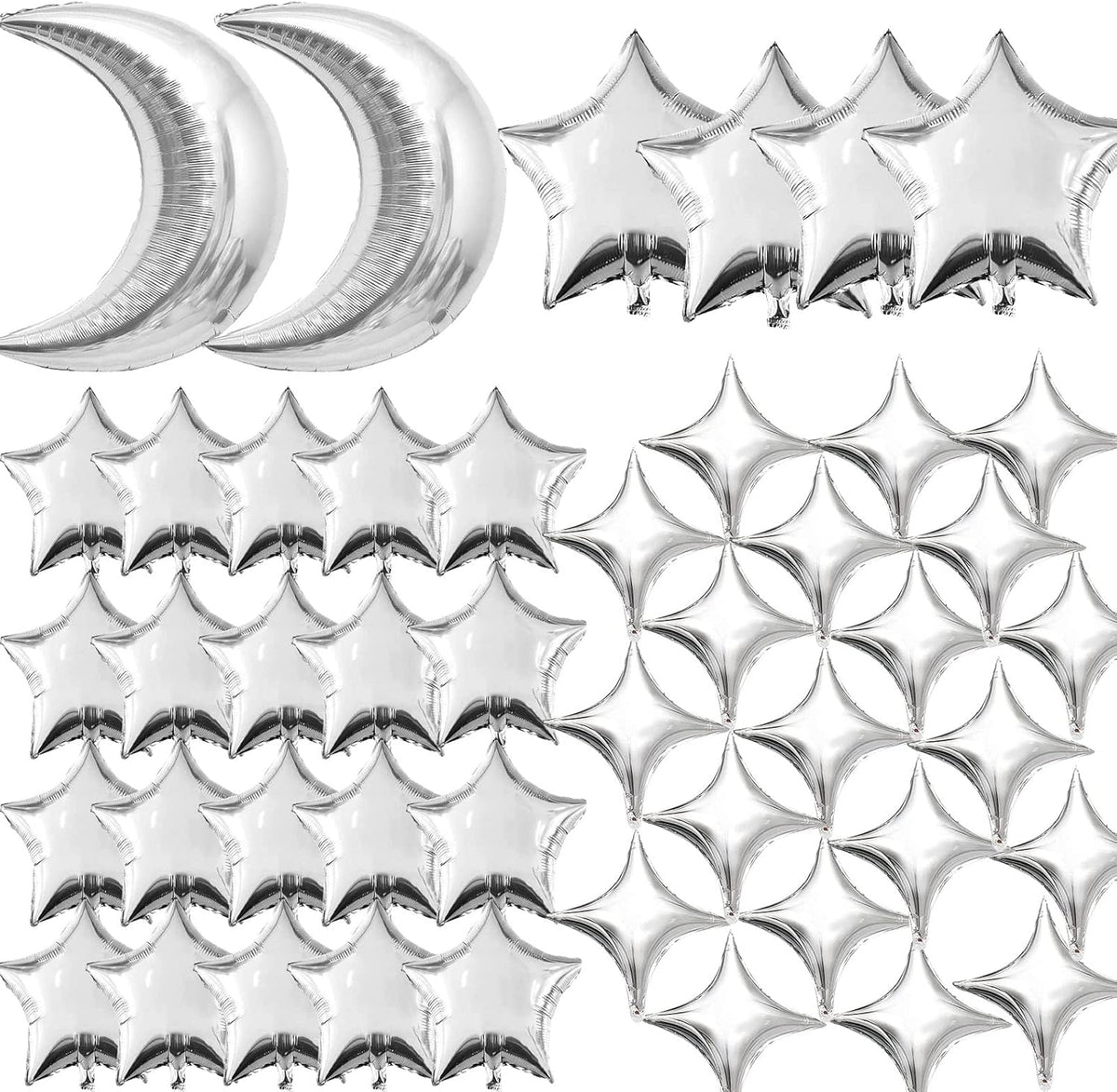 50pcs Silver Moon and Star Balloons,36"Moon Foil Balloons 18"10" Star Foil Balloons Four Pointed