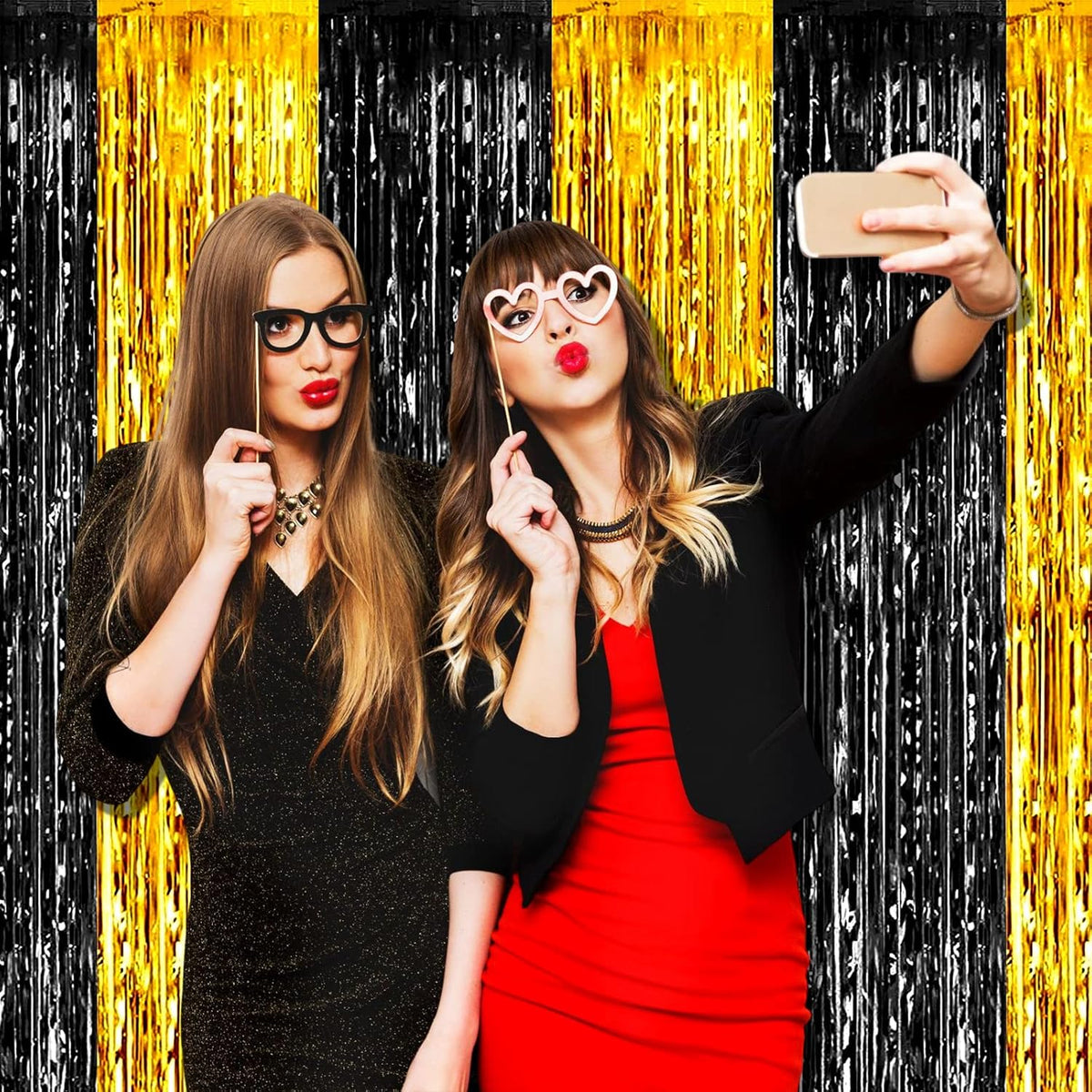 4 Pack Black Gold Foil Fringe Curtain Backdrop, 3.28Ft x 9.8Ft Metallic Tinsel Foil Fringe