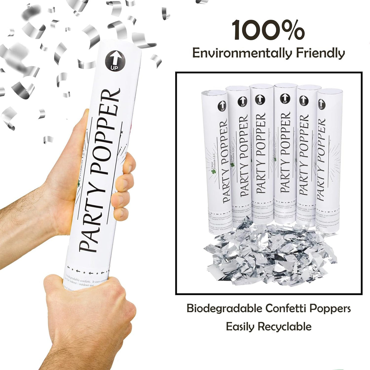 Confetti Cannon 12" – 6 Pack Silver Mylar Confetti Poppers | Party Poppers for Weddings, Birthdays