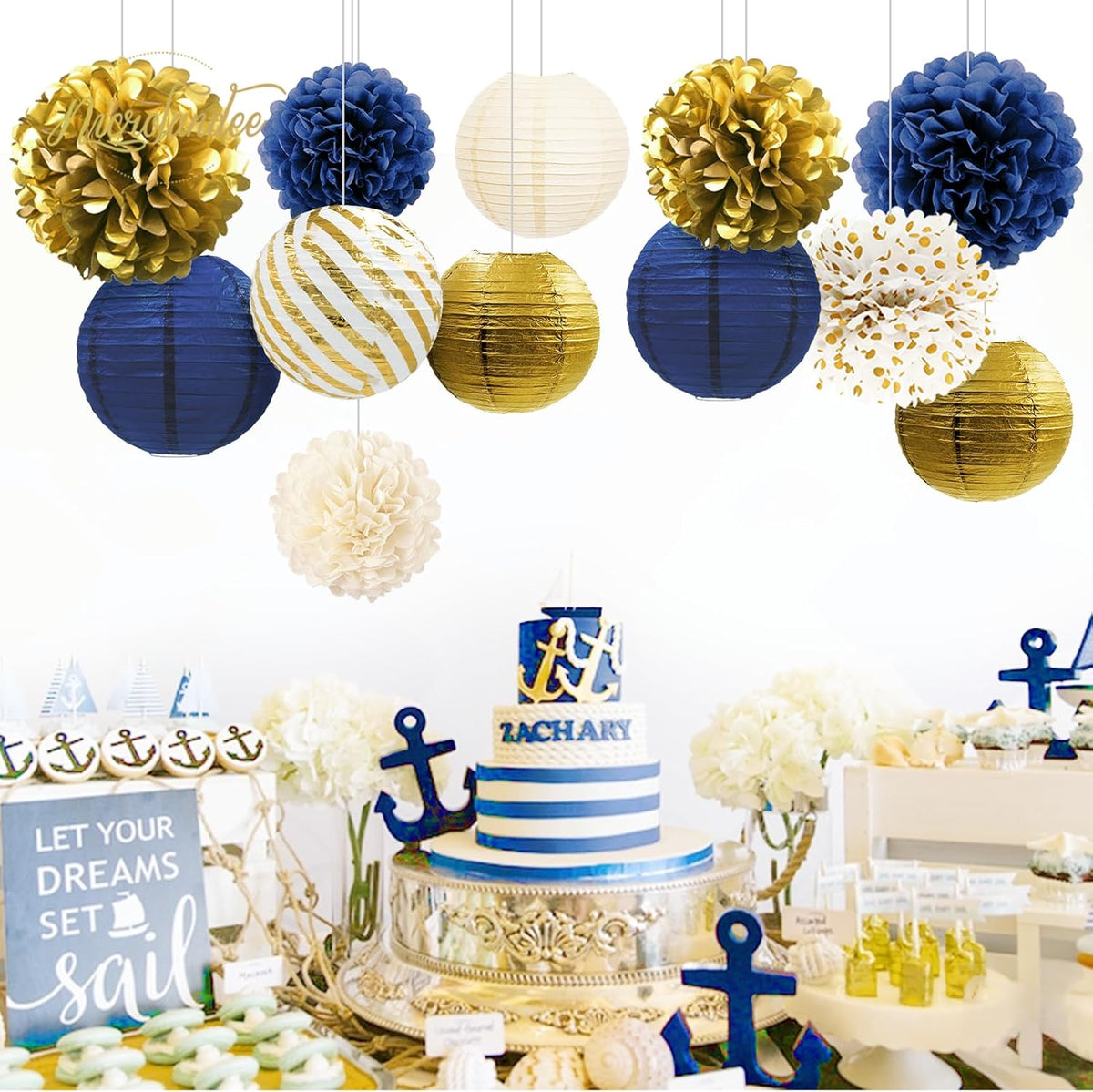NICROLANDEE Navy Blue and Gold Decorations, 12PCS Hanging Paper Lanterns Tissue Pom Poms Decor for