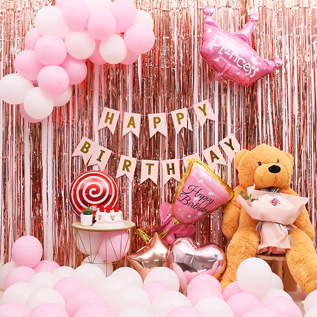 QRabbit 4 Pack Foil Fringe Backdrop Curtains, Rose Gold Party Streamers Photo Booth Props for
