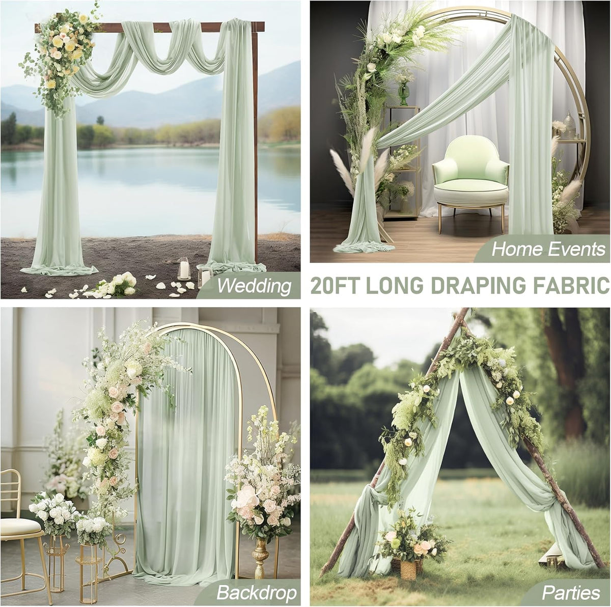 30" x 20Ft Wedding Arch Draping Fabric, 2 Panels Sage Green Sheer Curtain Drapes Extra Wide & Long